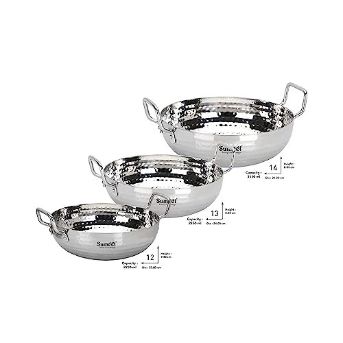 Sumeet Stainless Steel Handcrafted Hammered Mathar Kadai for Kitchen, 2250ML, 2850ML & 3550ML, 22cm, 24cm & 26cm Dia, Pack of 3, Silver