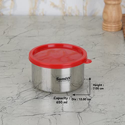 Sumeet Stainless Steel Airtight & Leak Proof Food Storage Container, 650ML, 12CM, Pack of 2PC, Silver