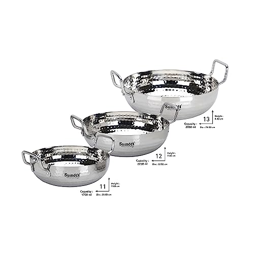 Sumeet Stainless Steel Handcrafted Hammered Mathar Kadai for Kitchen, 1700ML, 2250ML & 2850ML, 20cm, 22cm & 24cm Dia, Pack of 3, Silver