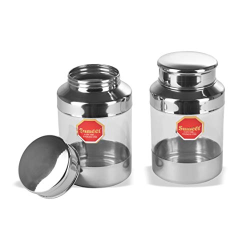 Sumeet Stainless Steel See Through Clear Container Jars Set of 2 Capacity - 600ML, Dia - 6 cm (Each)