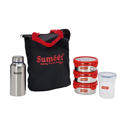 Sumeet Lunch Bag with 3 Stainless Steel Containers 400ML Each, 1 Water Bottle - 600ML, and 1 Tumbler - 350ML, Set of 6.