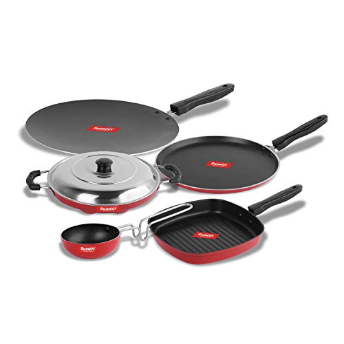 Sumeet 2.6mm Thick Non-Stick Red Tom Cookware Set (Dosa Tawa â€“ 26.5cm Dia + Grill Appam Patra with Lid â€“ 23cm Dia + Grill Pan â€“ 1.1Ltr â€“ 22cm Dia + Tadka Pan â€“ 10cm Dia + Tadka Pan â€“ 10cm Dia)