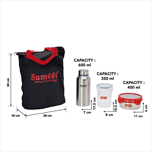 Sumeet Lunch Bag with 3 Stainless Steel Containers 400ML Each, 1 Water Bottle - 600ML, and 1 Tumbler - 350ML, Set of 6.