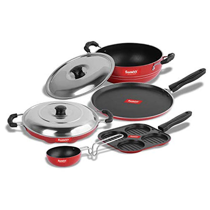 Sumeet 2.6mm Thick Non-Stick Solo Cookware Set (Dosa Tawa – 26.5cm Dia + Multi Snack Maker – 26.5cm Dia + Grill Appam Patra with Lid – 23cm Dia + Kadhai with Lid – 1.5Ltr + Tadka Pan – 10cm Dia)