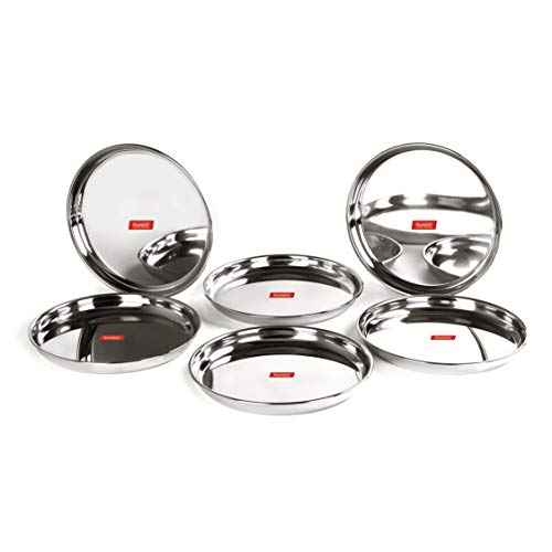 Sumeet Stainless Steel Heavy Gauge Deep Wall Dinner Plates with Mirror Finish 26.6cm Dia - Set of 6pc