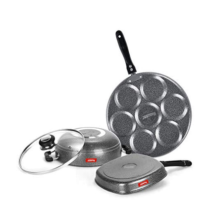 Sumeet NonStick Grigio Cookware Set (Multi Snack Maker - 7 Cavity - 26.5Cm Dia + Kadhai with Glass Lid -2Ltr - 22Cm Dia + Grill Pan-22cm Dia)