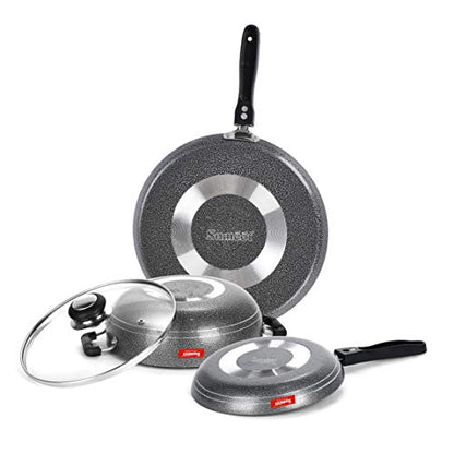 Sumeet NonStick Grey Cookware Set (Dosa Tawa - 26.5Cm Dia + Kadhai with Glass Lid -2Ltr - 22Cm Dia + Tapper pan - 0.6Ltr - 20Cm Dia)