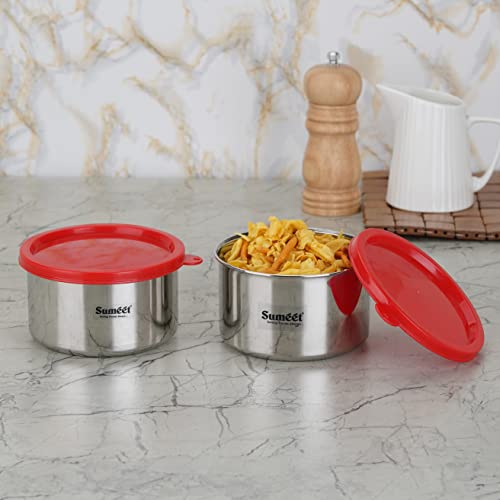Sumeet Stainless Steel Airtight & Leak Proof Food Storage Container, 650ML, 12CM, Pack of 2PC, Silver