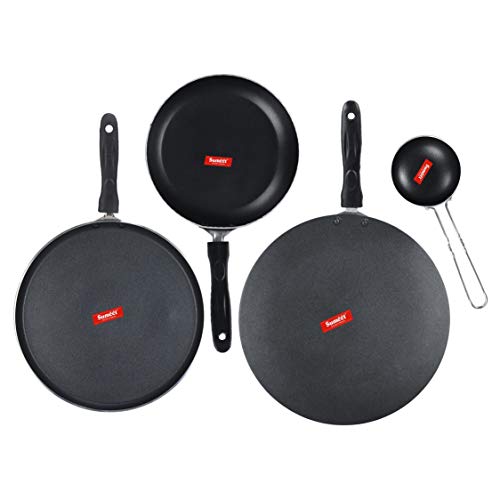 Sumeet NonStick Noir Cookware Set (Dosa Tawa - 26.5Cm Dia + Conceve/Roti Tawa - 28Cm Dia + Tapper pan - 0.6Ltr - 20Cm Dia + Waghariya/Tadka pan - 190Ml - 10Cm Dia)