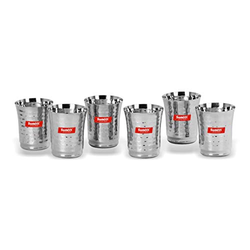 Sumeet Stainless Steel Handcrafted Hammered Texture 6 pc Glass Set (Capacity - 300Ml Each)