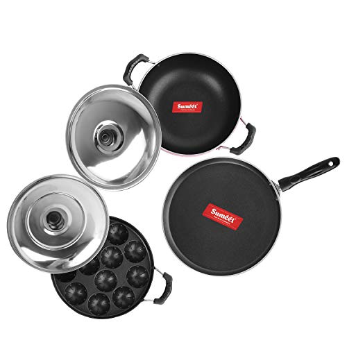 Sumeet 2.6mm Thick Non-Stick Red Crown Combo Set (Dosa Tawa – 26.5cm Dia + Kadhai with Lid – 1.5Ltr Capacity- 20cm Dia + Grill Appam Patra with Lid – 23cm Dia)