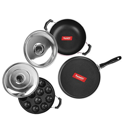 Sumeet 2.6mm Thick Non-Stick Red Crown Combo Set (Dosa Tawa – 26.5cm Dia + Kadhai with Lid – 1.5Ltr Capacity- 20cm Dia + Grill Appam Patra with Lid – 23cm Dia)