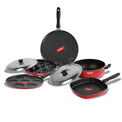 Sumeet 2.6mm Thick Non-Stick Rubrum Cookware Set (Dosa Tawa – 26.5cm Dia + Multi Snack Maker – 26.5cm Dia + Kadhai with Lid – 1.5Ltr + Grill Appam Patra with Lid – 23cm Dia + Grill Pan – 1.1Ltr)