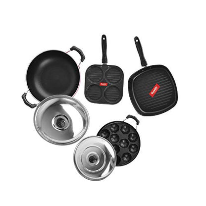 Sumeet 2.6mm Thick Non-Stick Hiri Cookware Set (Mini Multi Snack Maker – 19.5cm + Kadhai with Lid – 220cm Dia + Grill Appam Patra with Lid – 23cm Dia + Grill Pan – 1.1Ltr Capacity-22cm-Dia