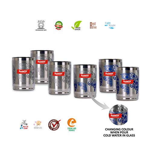 Sumeet Stainless Steel Laser Printed Miracle Glass Set of 6 Pcs (Capacity - 300 ml Each) (Changing Colour)