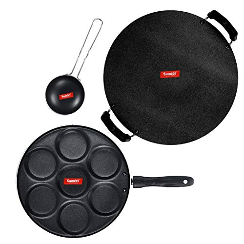 Sumeet NonStick Szary Cookware Set (Tawa-30.5cm Dia + Multi Snack Maker - 7 Cavity - 26.5Cm Dia + Waghariya/Tadka pan - 190Ml - 10Cm Dia)