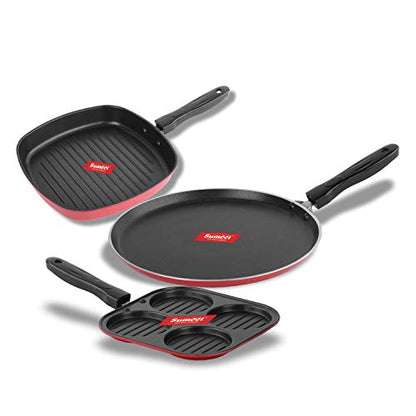 Sumeet 2.6mm Thick Non-Stick Redson Combo Set (Dosa Tawa – 26.5cm Dia + Multi Snack Maker – 26.5cm Dia + Grill Pan – 1.1Ltr Capacity – 22cm Dia)