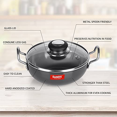 Sumeet 3mm Hard Anodized Deep kadai with Glass Lid Small Size No. - 9 (17cm Dia. 750ML Capacity)