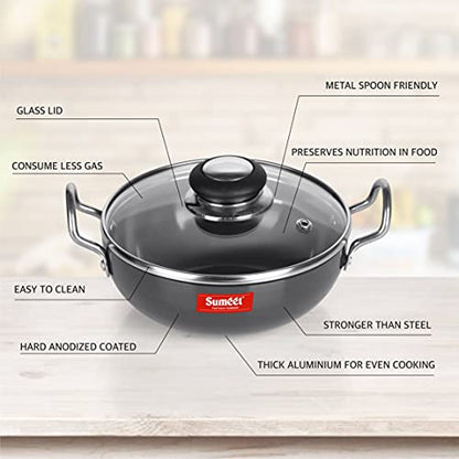 Sumeet 3mm Hard Anodized Deep kadai with Glass Lid Small Size No. - 9 (17cm Dia. 750ML Capacity)