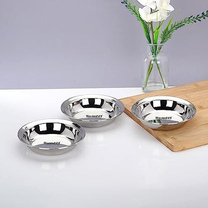 Sumeet Stainless Steel Heavy Gauge Multi Utility Serving Plates with Mirror Finish 16.5cm Dia - Set of 3pc, Silver