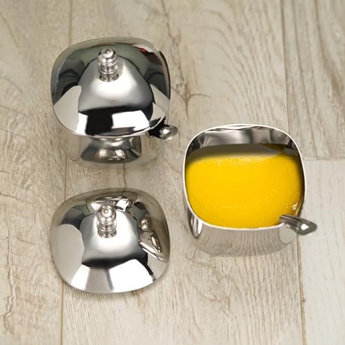Sumeet Stainless Steel Square Shape Ghee and Oil Pot, Storage Container with Spoon for Kitchen, 6.5cm Dia, 160ML - Silver (Pack of 2)