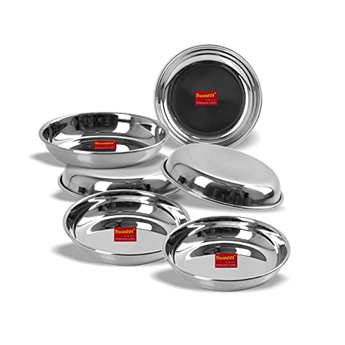 Sumeet Stainless Steel Heavy Gauge Small Halwa Plates with Mirror Finish 13.5cm Dia - Set of 6pc