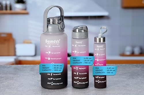 Sumeet Leak Proof Motivational/Inspire-Hydrate Water Bottle combo with Straw & Time Marker for Office/School/College/Gym/Picnic/Out Door Sports - 300ml, 700ml & 1850ml Set of 3, Grey