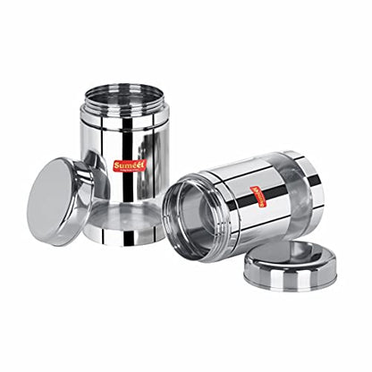 Sumeet Stainless Steel Circular See Through / Transparent Container, Set of 2Pc, 1 Ltr each, 10cm Dia, Silver