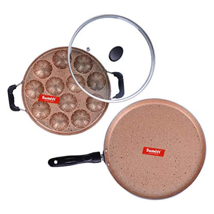 Sumeet Nonstick Granite Finish VITARO Combo Pack (Dosa Tawa - 26.5cm Dia + Grill Appam Patra with Glass Lid - 12 Cavity - 23cm Dia)