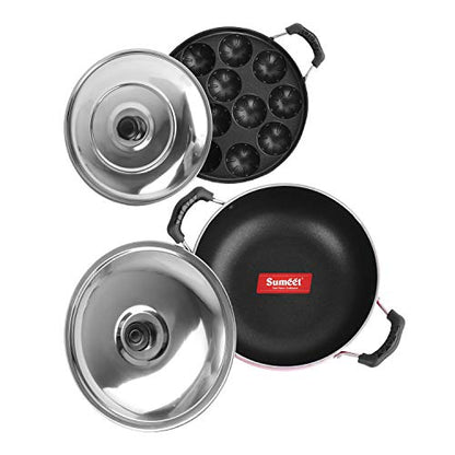 Sumeet 2.6mm Thick Non-Stick Get Ready Cookware Set (Kadhai with Lid – 1.5Ltr Capacity- 20cm Dia + Grill Appam Patra with Lid – 23cm Dia)