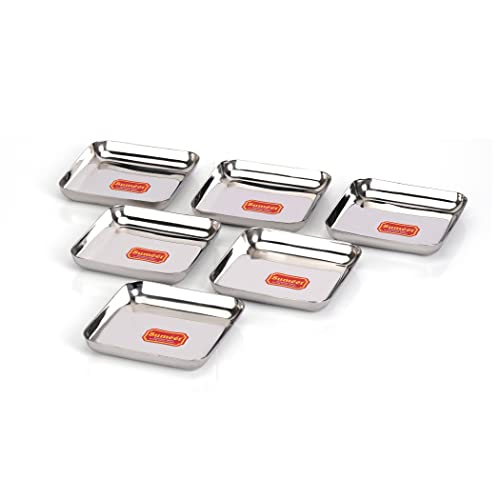 Sumeet Stainless Steel Small Square Shape Plate/Dessert Plate/Halwa Plate Set of 6pcs, 7.2cm Dia, Silver