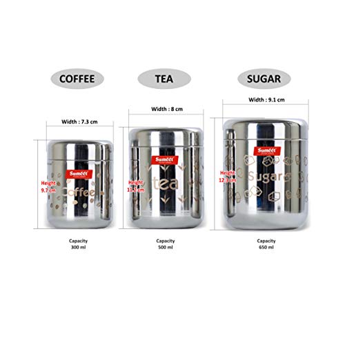 Sumeet Stainless Steel Laser Printed Tea, Cofee, Sugar Canisters Set of 3 (Capacity - Coffee - 300 ml, Tea 500 ml, Sugar 650ml)