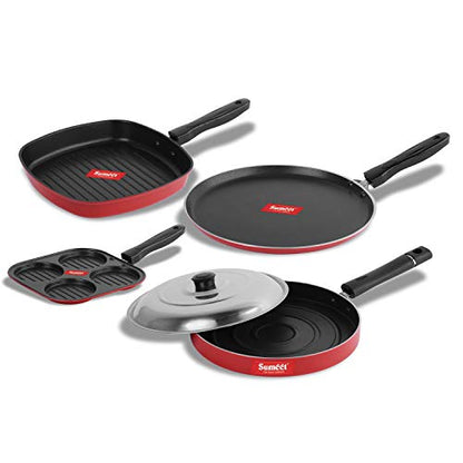 Sumeet 2.6mm Thick Non-Stick Vermell Cookware Set (Dosa Tawa – 26.5cm Dia + Mini Multi Snack Maker – 19.5cm Dia + Grill Pan – 1.1Ltr Capacity – 22cm Dia + Pizza Pan – 23cm Dia)