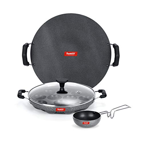 Sumeet NonStick Cinzento Cookware Set (Tawa-30.5cm Dia + Grill Appam Patra with Glass Lid - 12 Cavity - 22cm Dia + Waghariya/Tadka pan - 190Ml - 10Cm Dia)