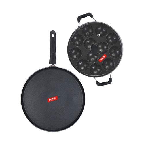 Sumeet NonStick Argent Cookware Set (Dosa Tawa - 26.5Cm Dia + Grill Appam Patra with Glass Lid - 12 Cavity - 22cm Dia)