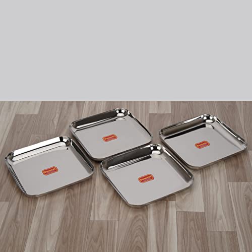 Sumeet Stainless Steel Medium Square Shape Plate/Snacks Plate/Breakfast Plate Set of 4pcs, 22.5cm Dia, Silver