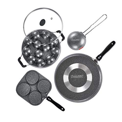 Sumeet NonStick Schwarz Cookware Set (Dosa Tawa-26.5Cm Dia+Mini Multi Snack Maker-4 Cavity-19.5cm+Grill Appam Patra with Glass Lid-12 Cavity-22cm Dia+Waghariya/Tadka pan-190Ml-10Cm Dia)