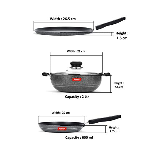 Sumeet NonStick Grey Cookware Set (Dosa Tawa - 26.5Cm Dia + Kadhai with Glass Lid -2Ltr - 22Cm Dia + Tapper pan - 0.6Ltr - 20Cm Dia)