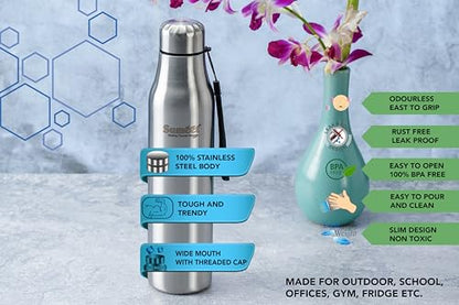 Sumeet Alpha-Aqua Stainless Steel Leak Proof Water Bottle Office/School/College/Gym/Picnic/Home/Fridge - 1 Litre |Pack of 1| Silver