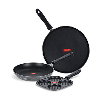 Sumeet NonStick Grys Cookware Set (Dosa Tawa - 26.5Cm Dia + Mini Multi Snack Maker - 4 Cavity -19.5cm + Tapper pan - 0.6Ltr - 20Cm Dia)