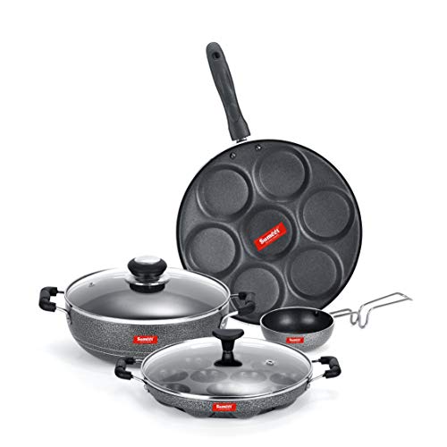 Sumeet NonStick Nero Cookware Set(Multi Snack Maker-7 Cavity-26.5Cm Dia+Kadhai with Glass Lid-2Ltr-22Cm Dia+Grill Appam Patra with Glass Lid-12 Cavity-22cm Dia+Waghariya/Tadka pan-190Ml-10Cm Dia)