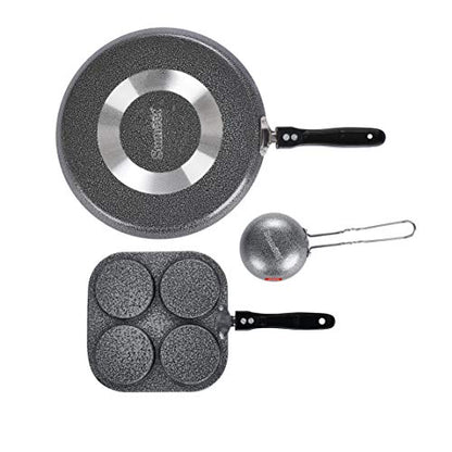 Sumeet NonStick Grijs Cookware Set (Dosa Tawa - 26.5Cm Dia + Mini Multi Snack Maker - 4 Cavity -19.5cm + Waghariya/Tadka pan - 190Ml - 10Cm Dia)