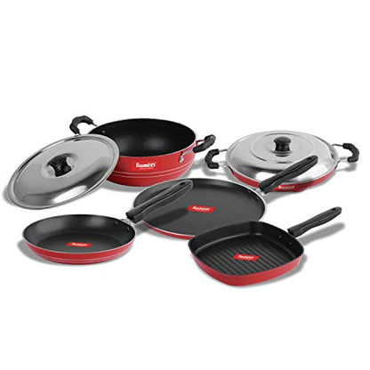 Sumeet 2.6mm Thick Non-Stick Red Spark Cookware Set (Dosa Tawa – 26.5cm Dia + Kadhai with Lid – 1.5Ltr + Grill Appam Patra with Lid – 23cm Dia + Grill Pan – 1.1Ltr + Tapper pan – 20cm Dia)