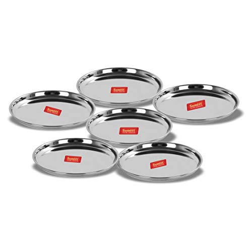 Sumeet Stainless Steel Heavy Gauge Dinner Plates with Mirror Finish 17cm Dia - Set of 6pc