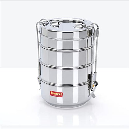 Sumeet Stainless Steel 4 Compartment Lunch Box / Tiffin with Lid and Handle, 13Cm Dia, (2550ML, Silver)