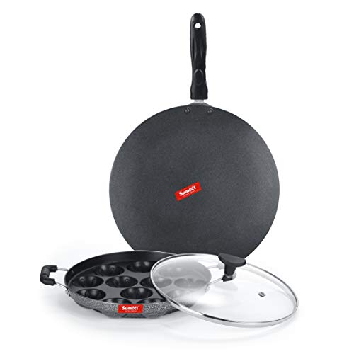 Sumeet NonStick Arian Cookware Set (Conceve/Roti Tawa - 28Cm Dia + Grill Appam Patra with Glass Lid - 12 Cavity - 22cm Dia)