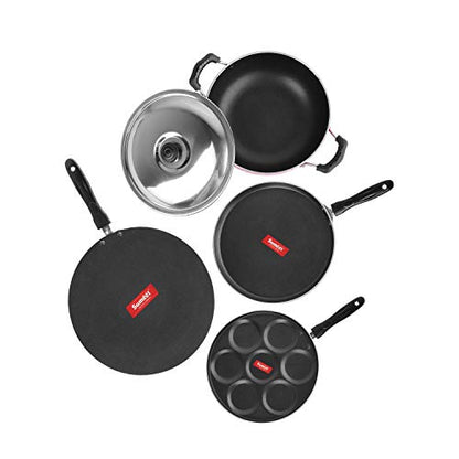 Sumeet 2.6mm Thick Non-Stick Pupa Cookware Set (Dosa Tawa – 26.5cm Dia + Multi Snack Maker – 26.5cm Dia + Kadhai with Lid – 1.5Ltr Capacity- 20cm Dia + Concave Tawa – 28cm Dia)