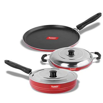 Sumeet 2.6mm Thick Non-Stick Rufina Combo Set (Dosa Tawa – 26.5cm Dia + Grill Appam Patra with Lid – 23cm Dia + Fry pan – 1.5Ltr Capacity – 21cm Dia)