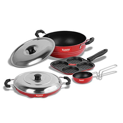 Sumeet 2.6mm Thick Non-Stick RUA Cookware Set (Mini Multi Snack Maker – 19.5cm Dia + Kadhai with Lid – 1.5Ltr + Grill Appam Patra with Lid – 23cm Dia + Tadka Pan - 10cm Dia