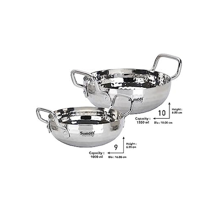 Sumeet Stainless Steel Handcrafted Hammered Mathar Kadai for Kitchen, Small & Med. Size, 1000ML & 1350ML, 16cm & 18cm Dia, Pack of 2, Silver